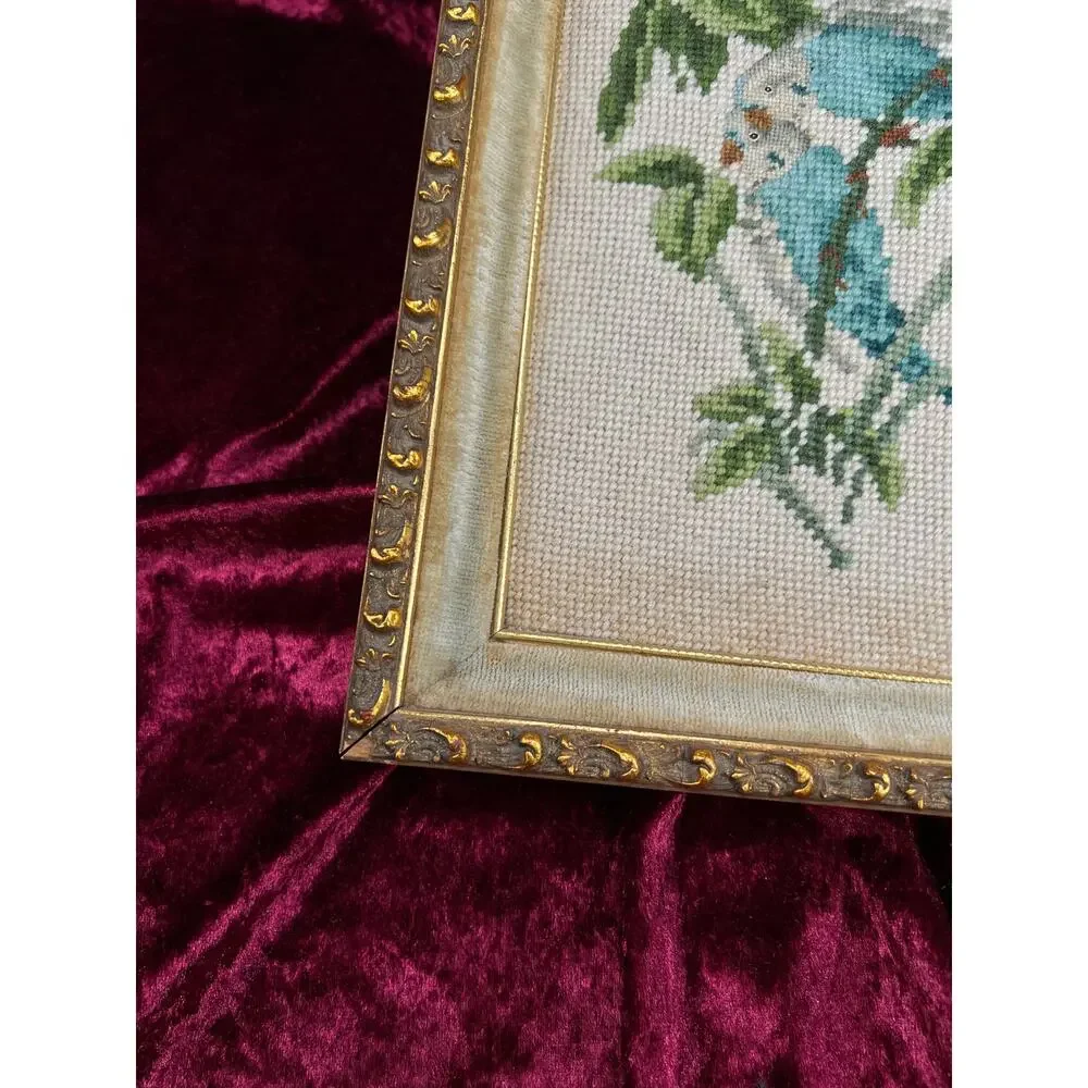 Vintage Mid Century Framed Needlepoint Wall Art Blue Parakeet Birds On A Branch